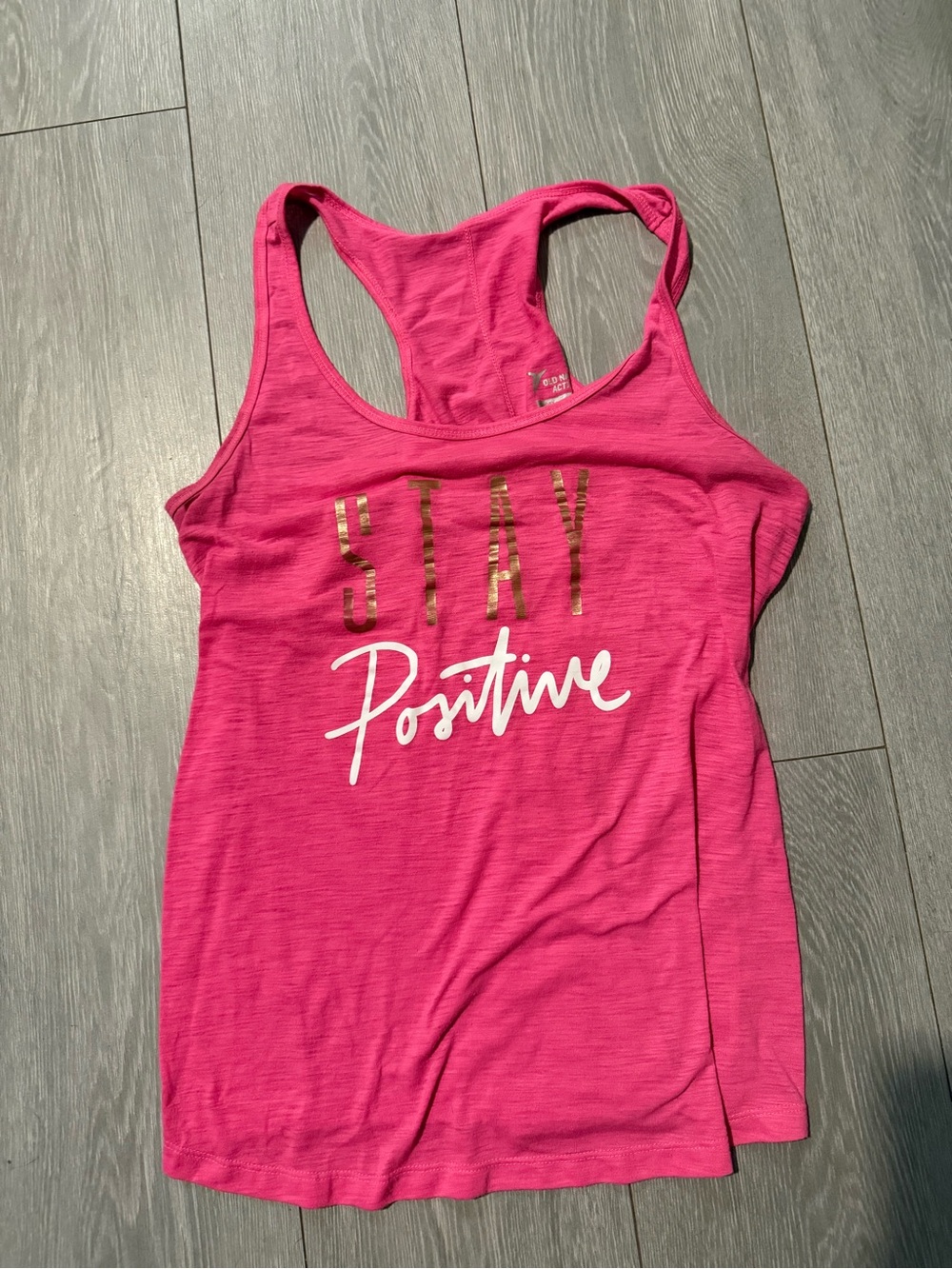 Old Navy Hot Pink Racerback Tank with Gold & White 'Stay Positive' Graphic